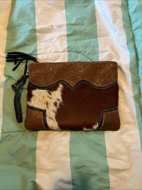Myra Bag Brown Tooled Leather & Hair-on-Hide Wristlet Clutch with White Accent